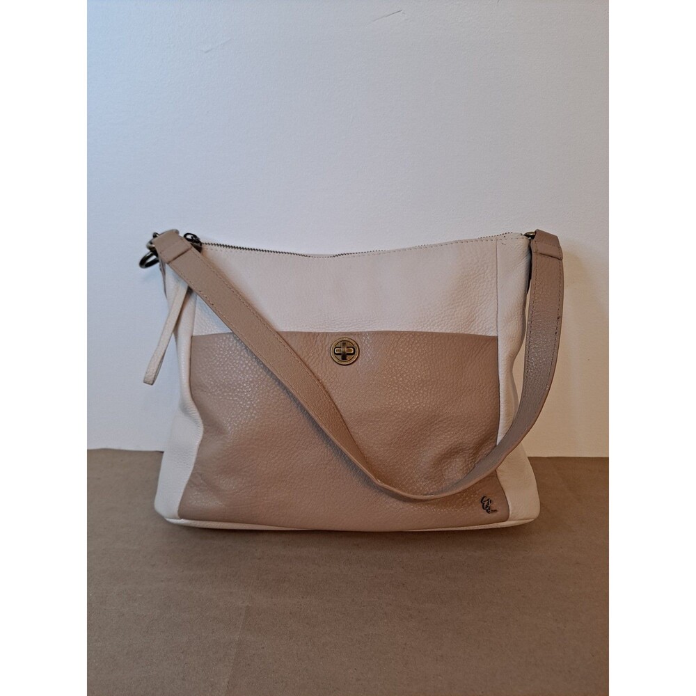 Elliot Lucca Pebbled Leather Coraline Hobo Bag Two-tone Beige Cream 12"x9"x4.5"